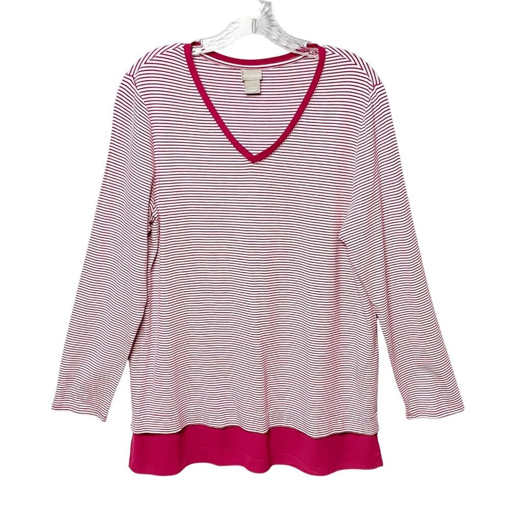 Chico’s Women’s Sz 1 US M Striped Woven-Hem Top Pink & White Rayon Spandex Blend